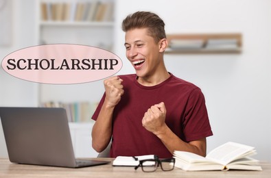 Image of Scholarship. Happy student with laptop at table indoors