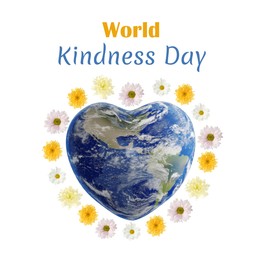 Image of World Kindness Day. Earth in shape of heart with flowers around on white background