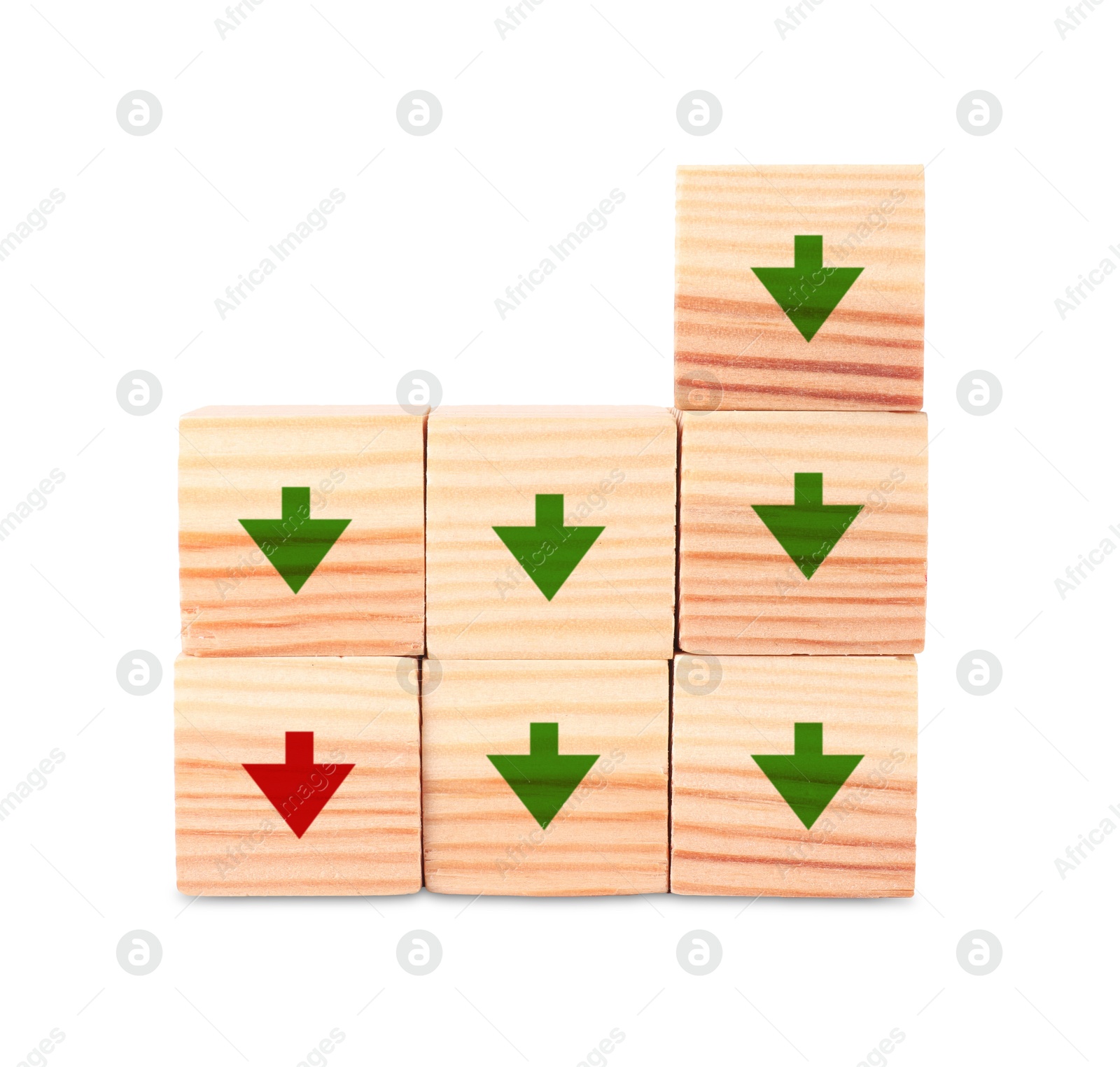 Image of Wooden cubes with green and one red arrows on white background