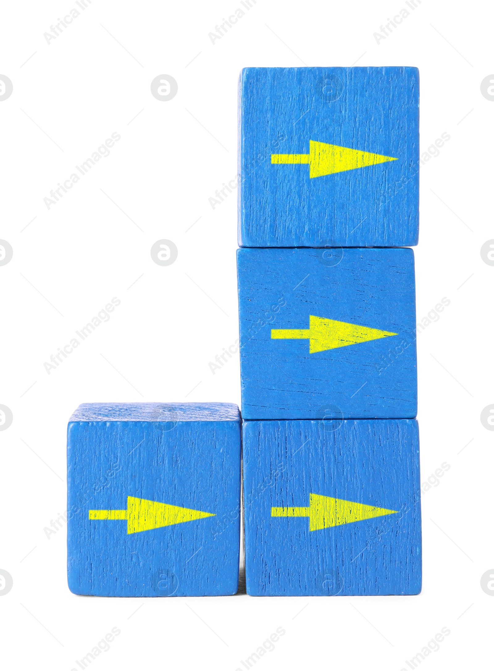 Image of Blue wooden cubes with yellow arrows on white background