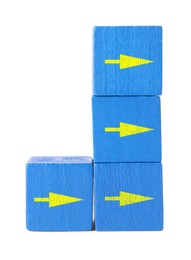 Image of Blue wooden cubes with yellow arrows on white background