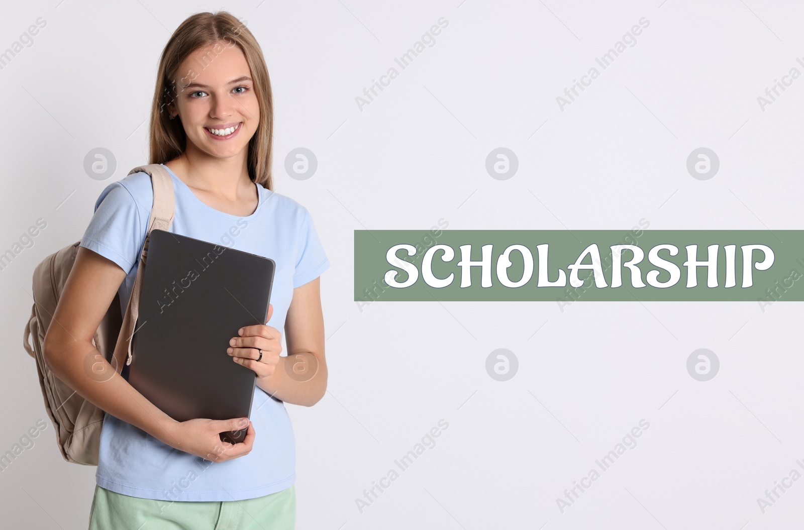 Image of Scholarship. Teenage girl with laptop and backpack on white background