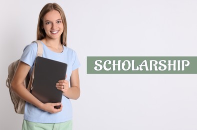 Image of Scholarship. Teenage girl with laptop and backpack on white background