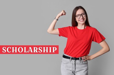 Image of Scholarship. Happy student and word on grey background