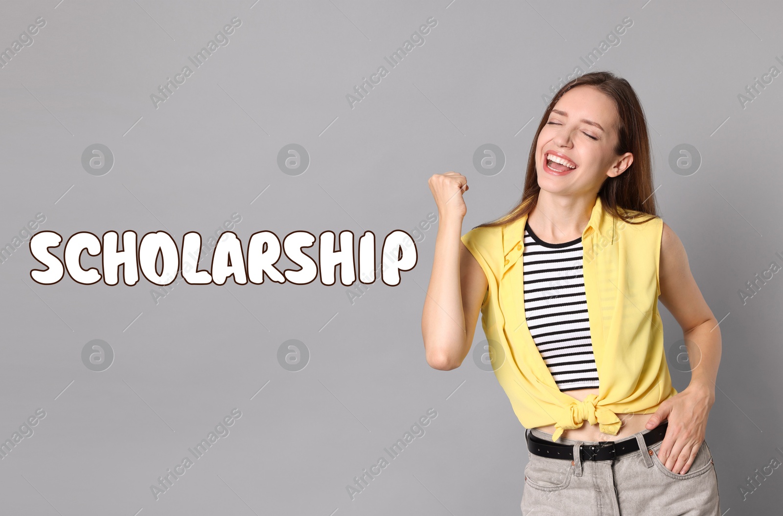 Image of Scholarship. Happy student and word on grey background