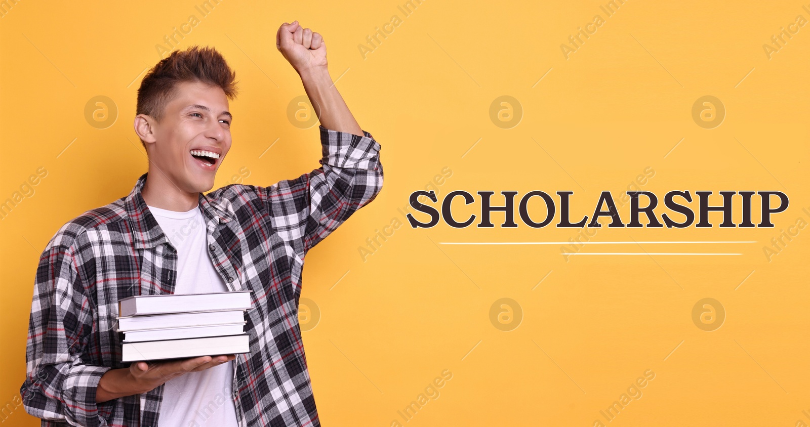 Image of Scholarship. Happy student with books on orange background, banner design