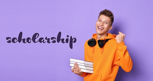 Image of Scholarship. Happy student with books on violet background, banner design