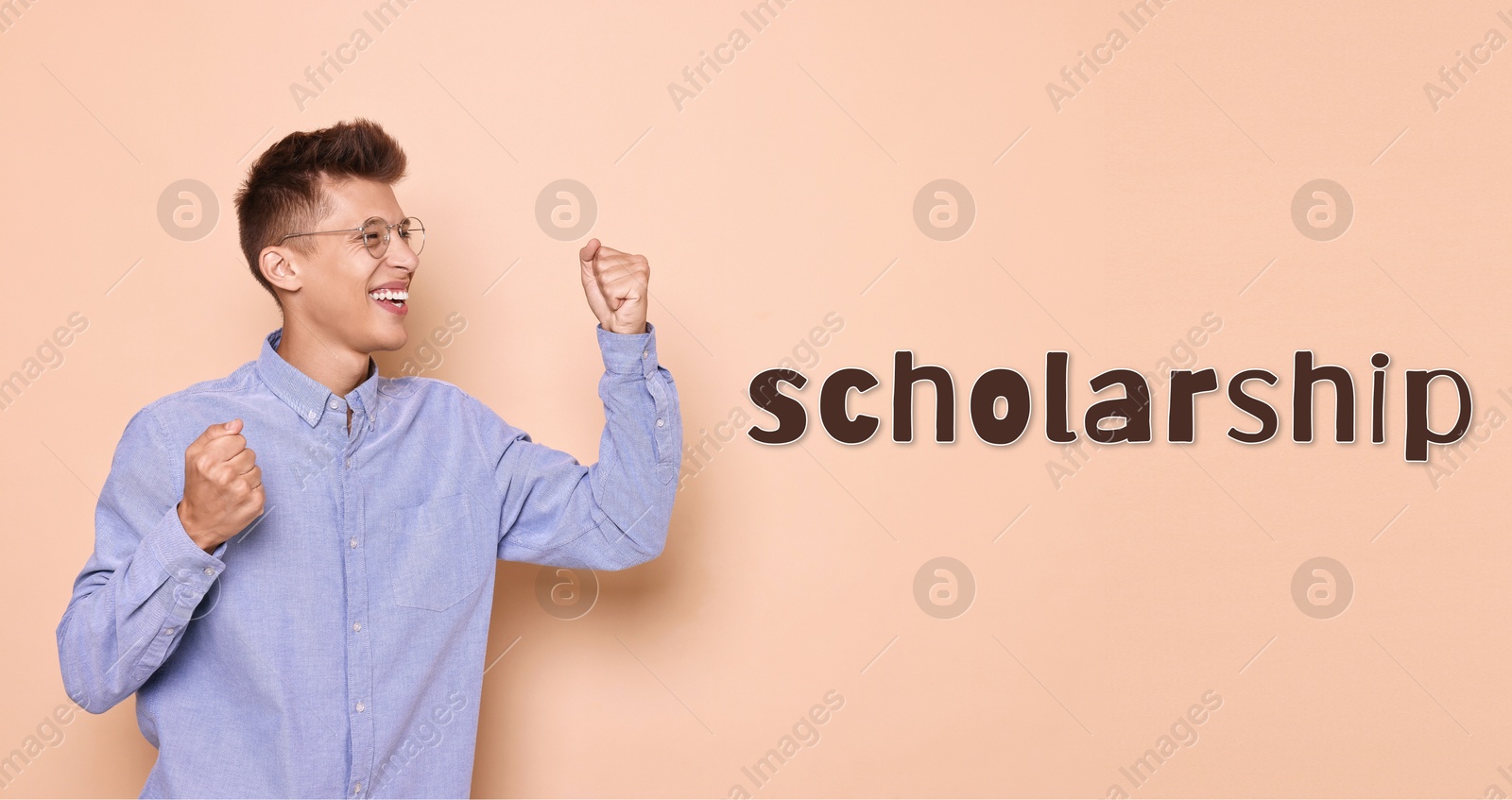 Image of Scholarship. Happy student on beige background, banner design