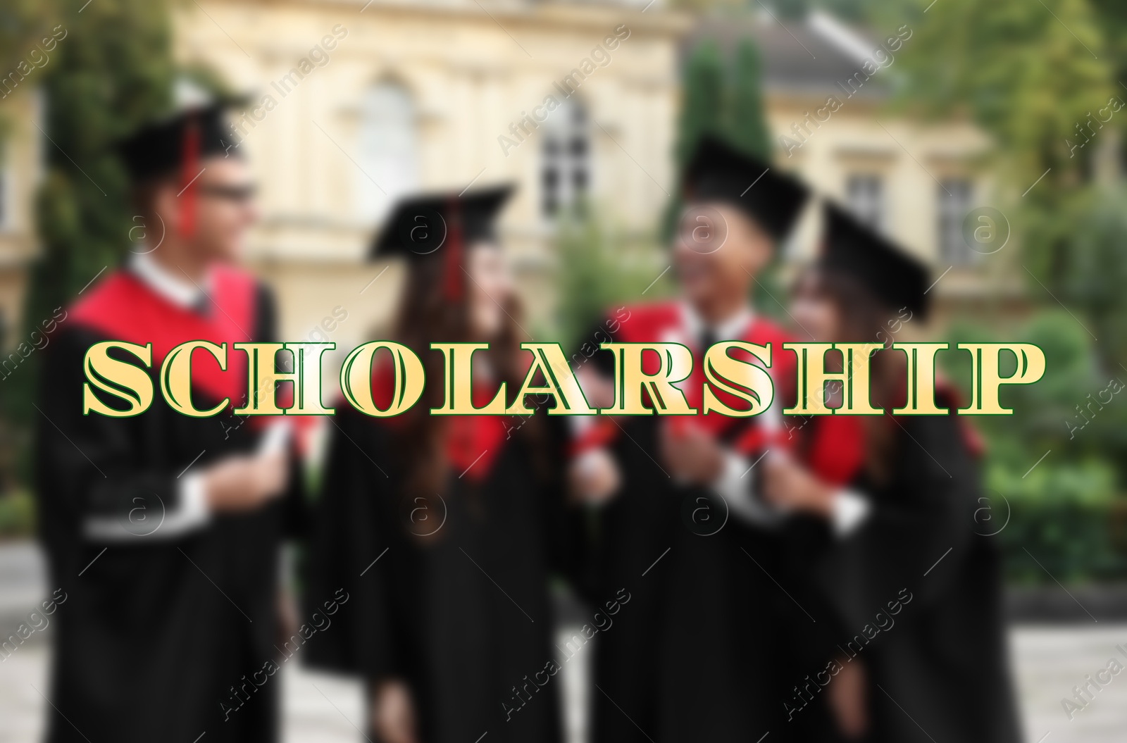 Image of Scholarship. Happy students with diplomas after graduation ceremony outdoors, blurred view