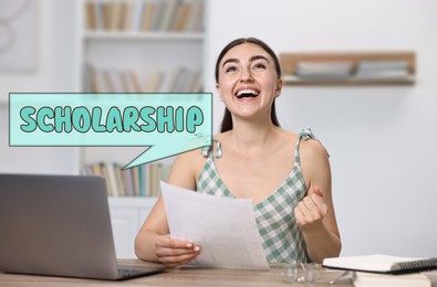 Image of Scholarship. Happy student with document at table indoors