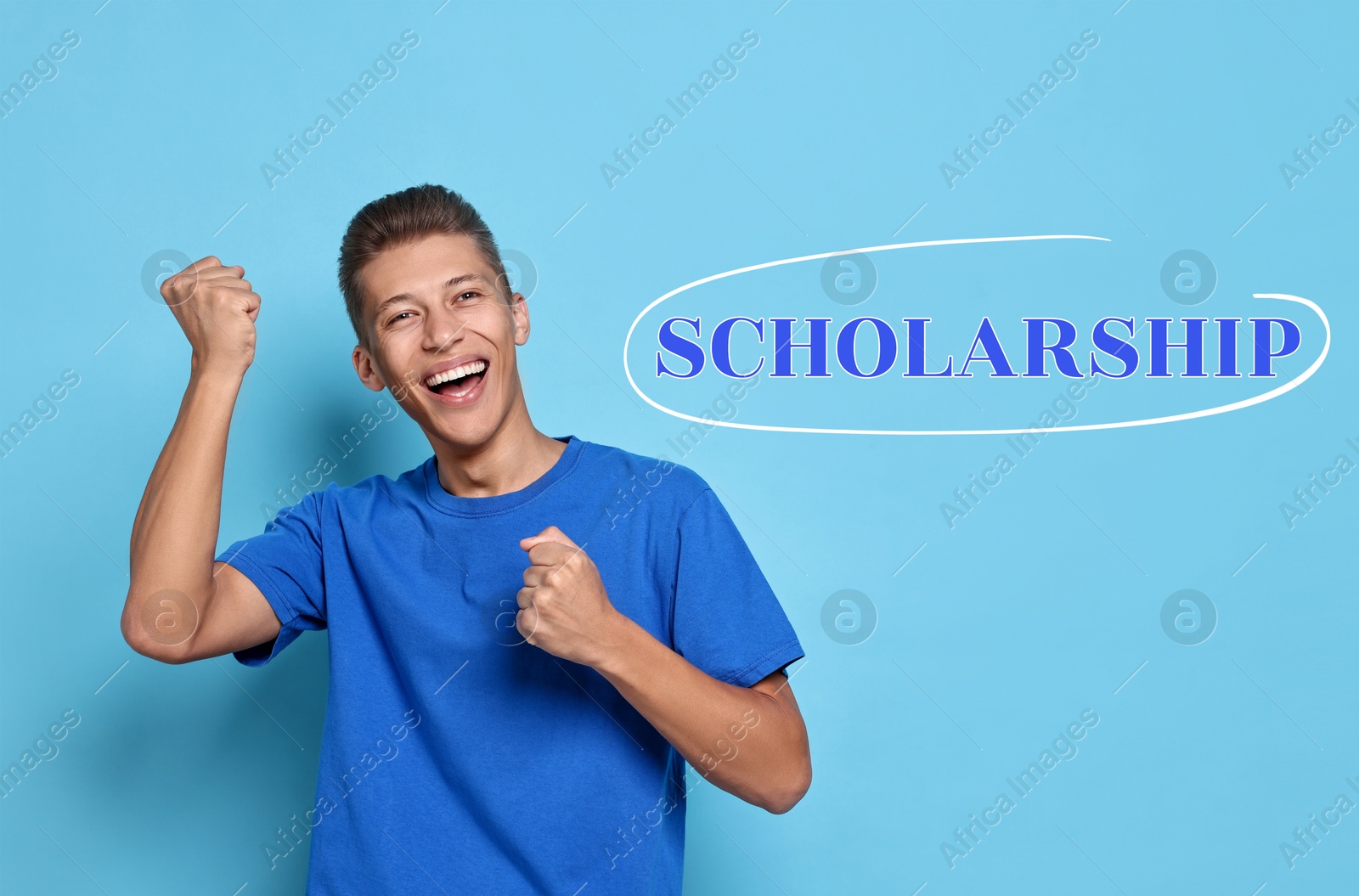 Image of Scholarship. Happy young student on light blue background