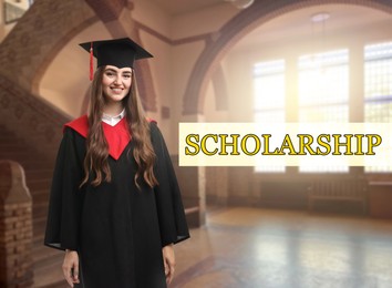 Image of Scholarship. Happy student wearing academic dress in university