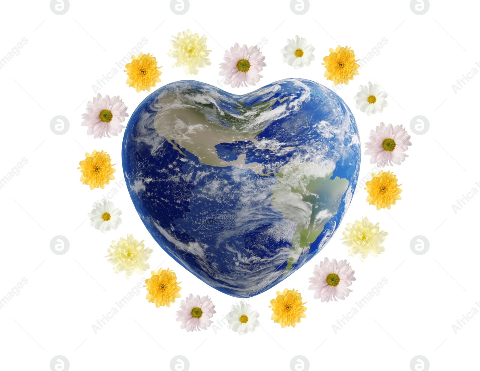 Image of Earth in shape of heart with flowers around on white background