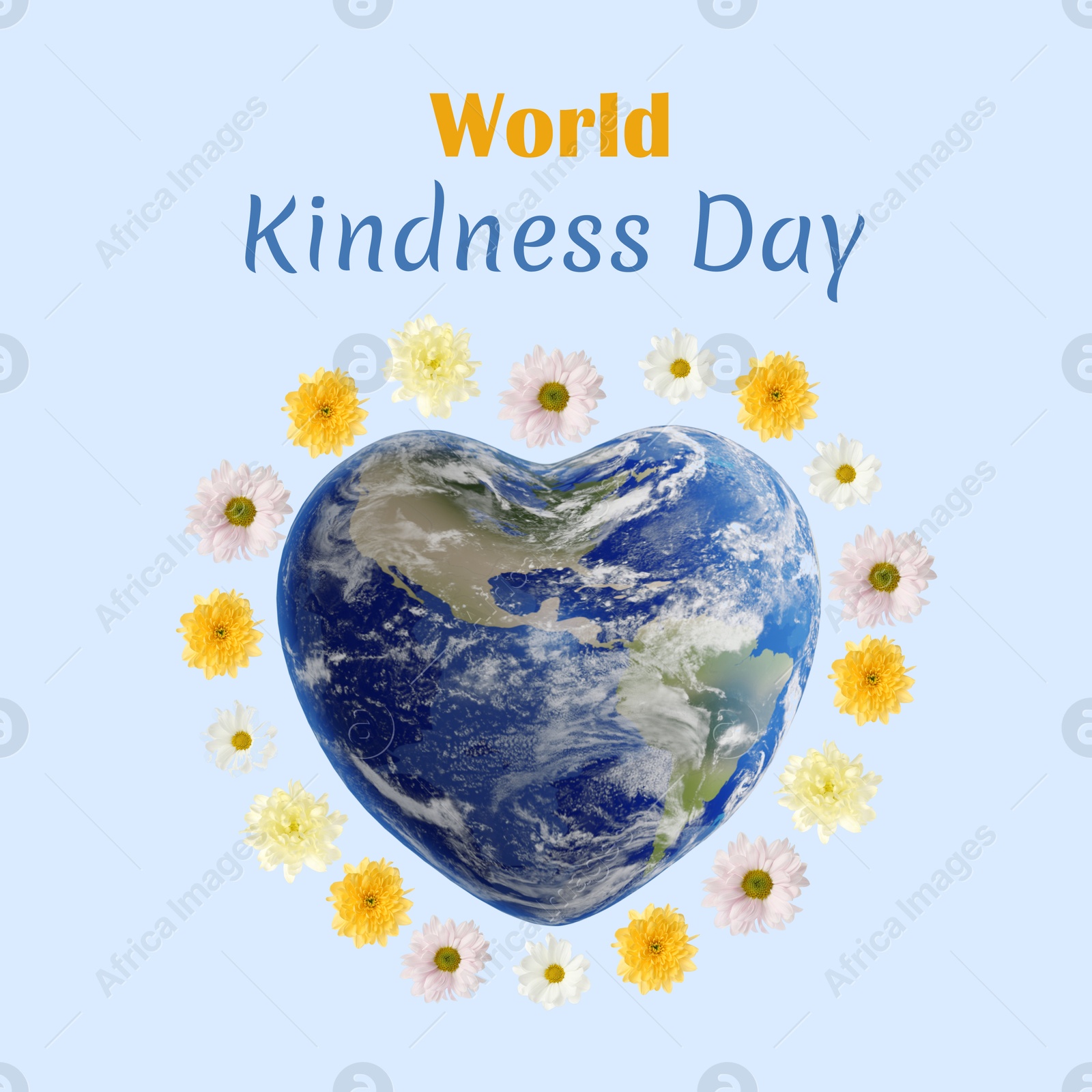 Image of World Kindness Day. Earth in shape of heart with flowers around on light blue background