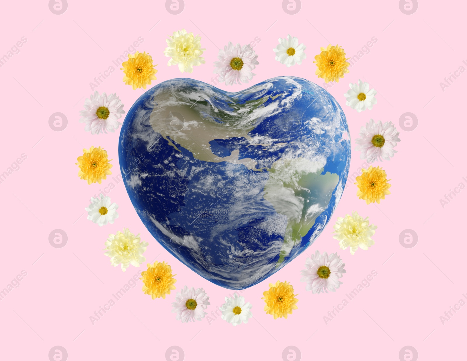 Image of Earth in shape of heart with flowers around on pink background