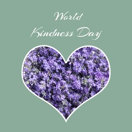 Image of World Kindness Day. Heart with lavender flowers on grey background