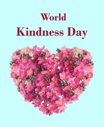 Image of World Kindness Day. Heart made with beautiful forget-me-not flowers on light blue background