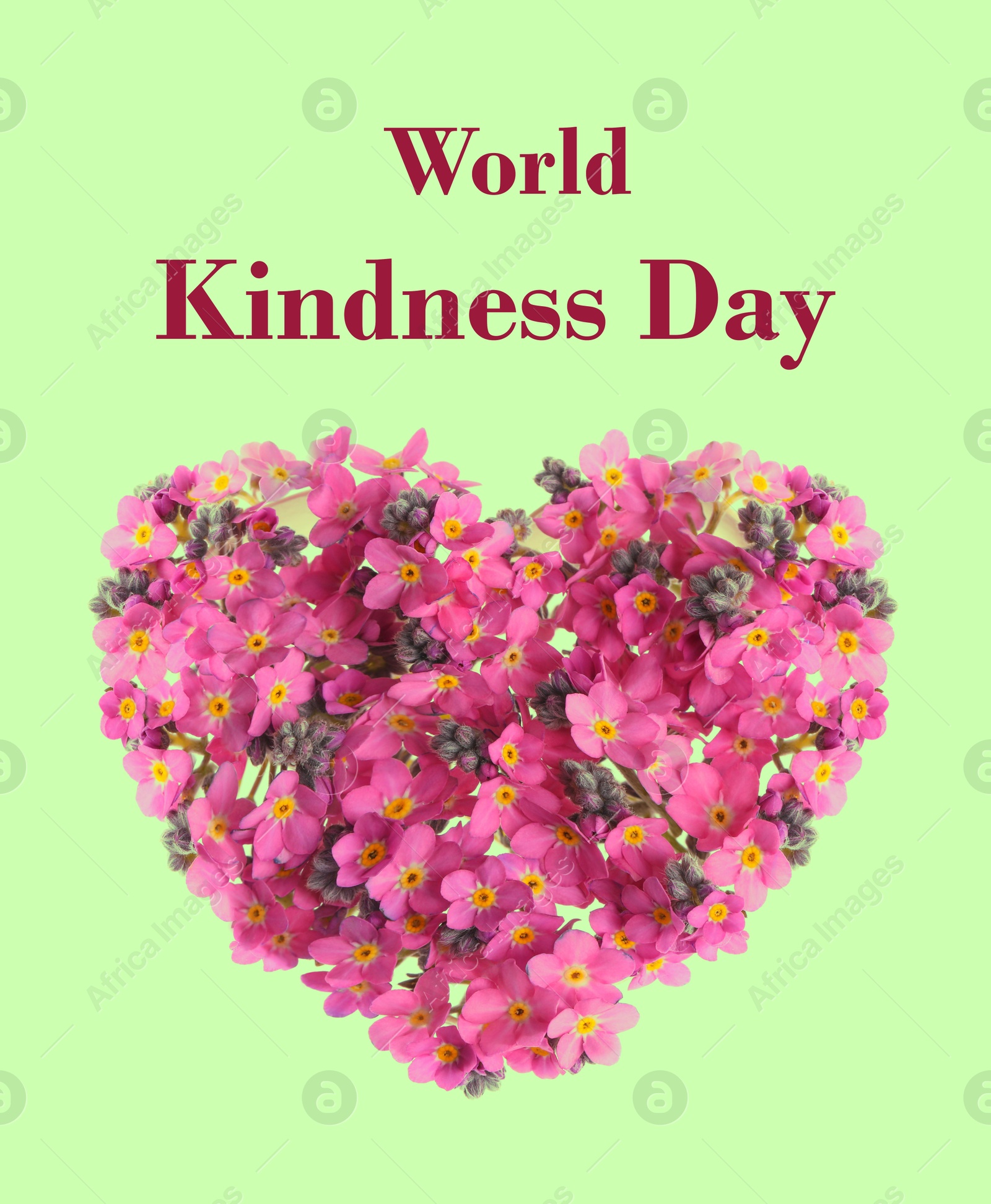 Image of World Kindness Day. Heart made with beautiful forget-me-not flowers on light green background