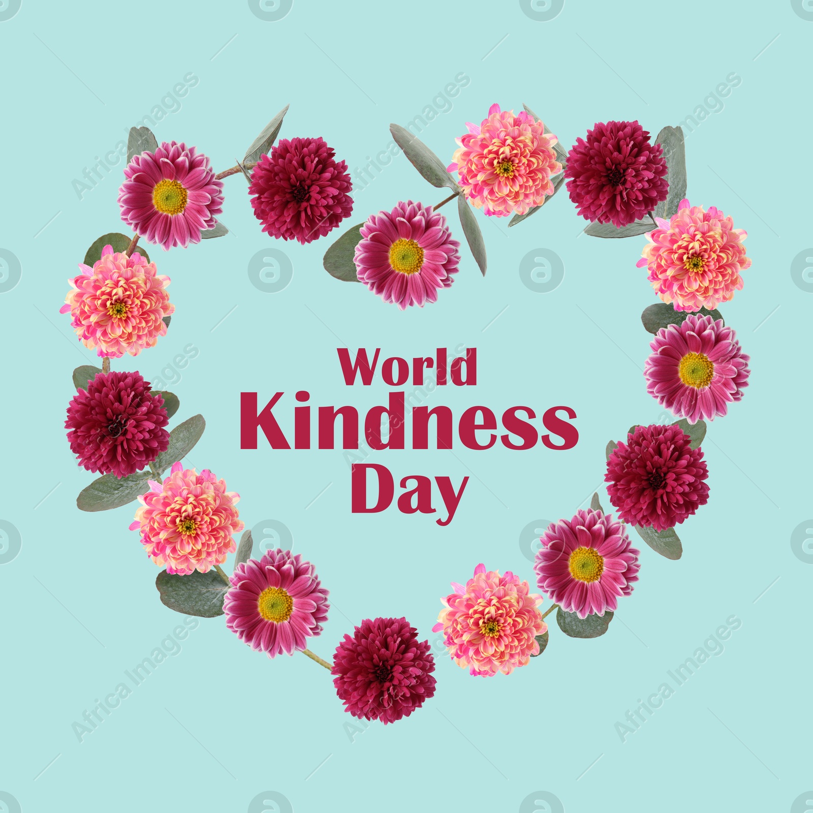 Image of World Kindness Day. Heart-shaped frame of beautiful flowers on light blue background