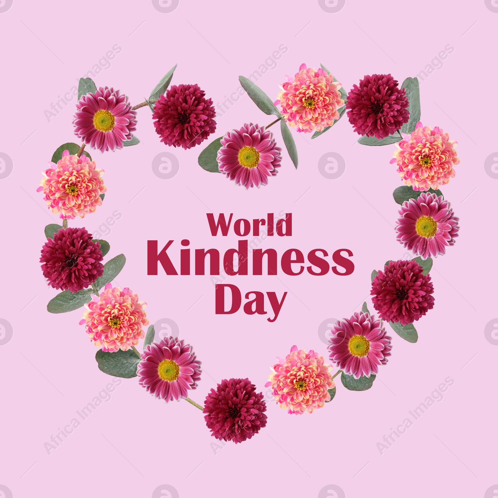 Image of World Kindness Day. Heart-shaped frame of beautiful flowers on pink background