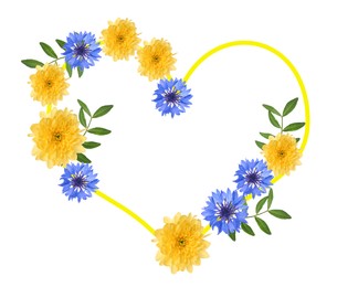 Image of Heart-shaped frame with beautiful flowers on white background