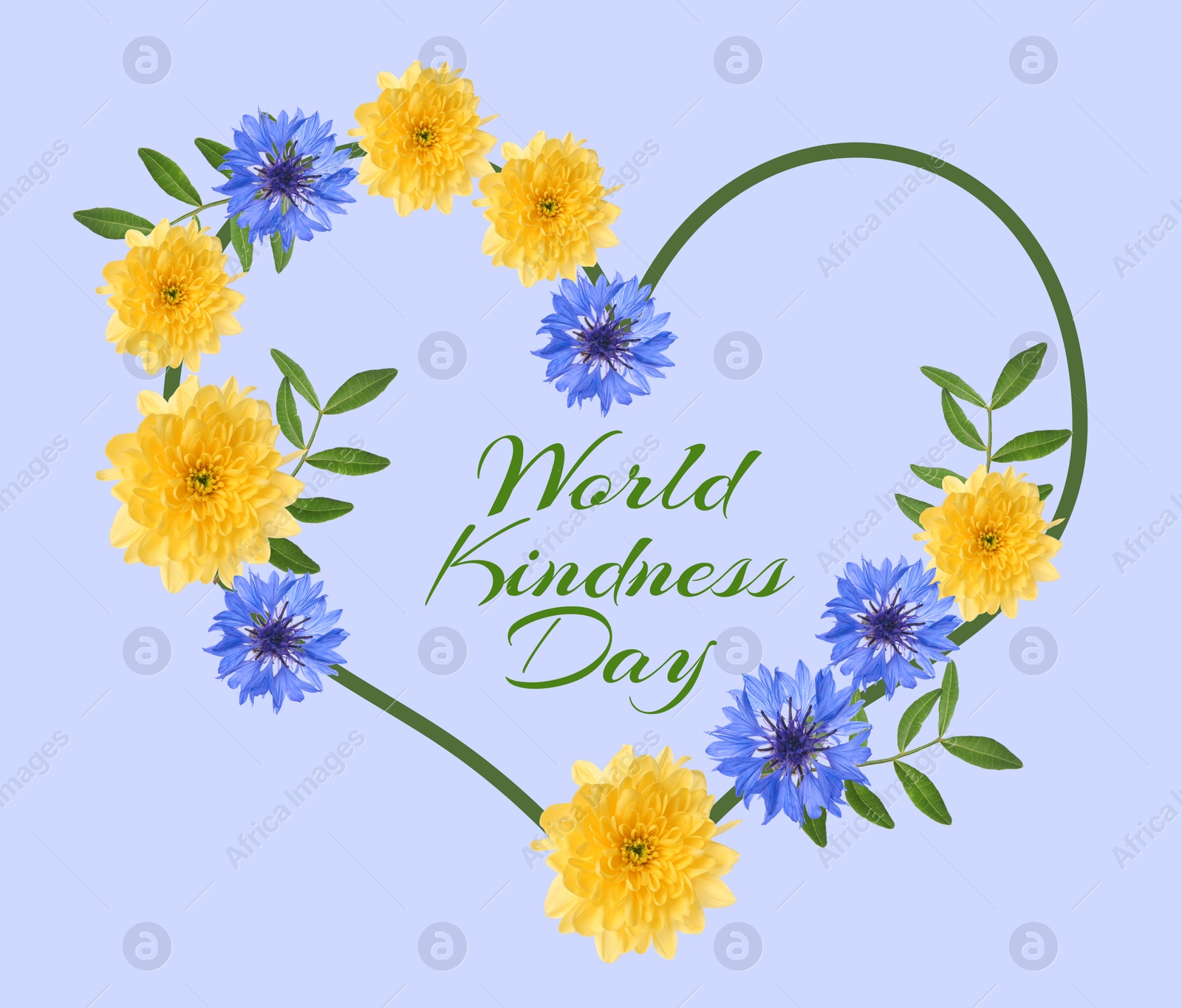 Image of World Kindness Day. Heart-shaped frame with beautiful flowers on light blue background