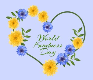 Image of World Kindness Day. Heart-shaped frame with beautiful flowers on light blue background