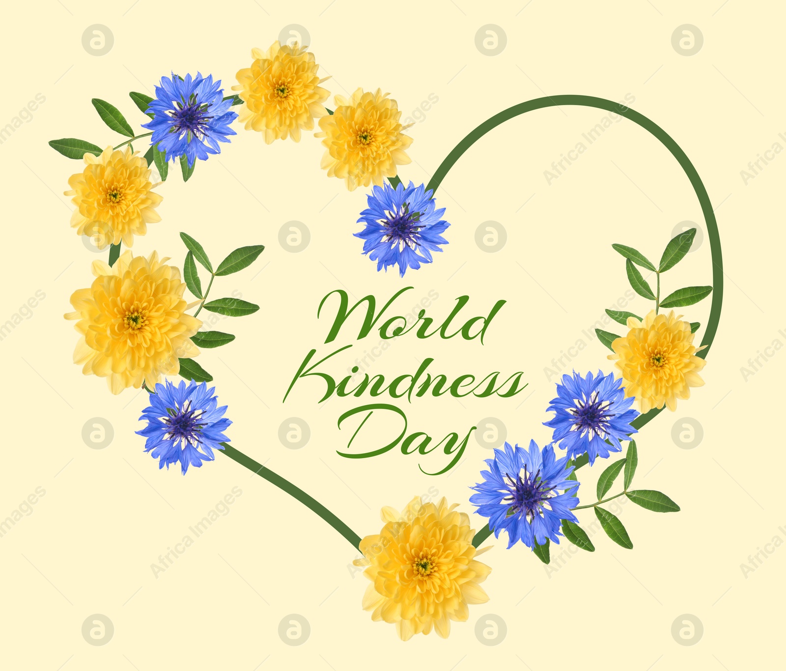 Image of World Kindness Day. Heart-shaped frame with beautiful flowers on pastel yellow background