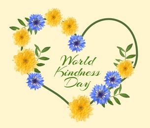 Image of World Kindness Day. Heart-shaped frame with beautiful flowers on pastel yellow background