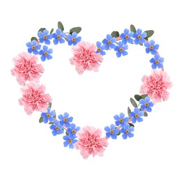 Image of Heart-shaped frame of beautiful flowers on white background