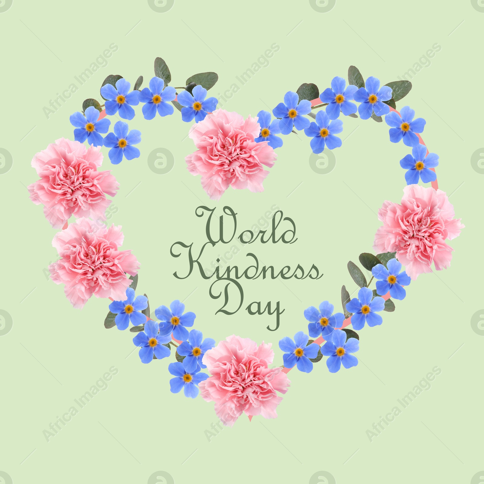 Image of World Kindness Day. Heart-shaped frame of beautiful flowers on light green background