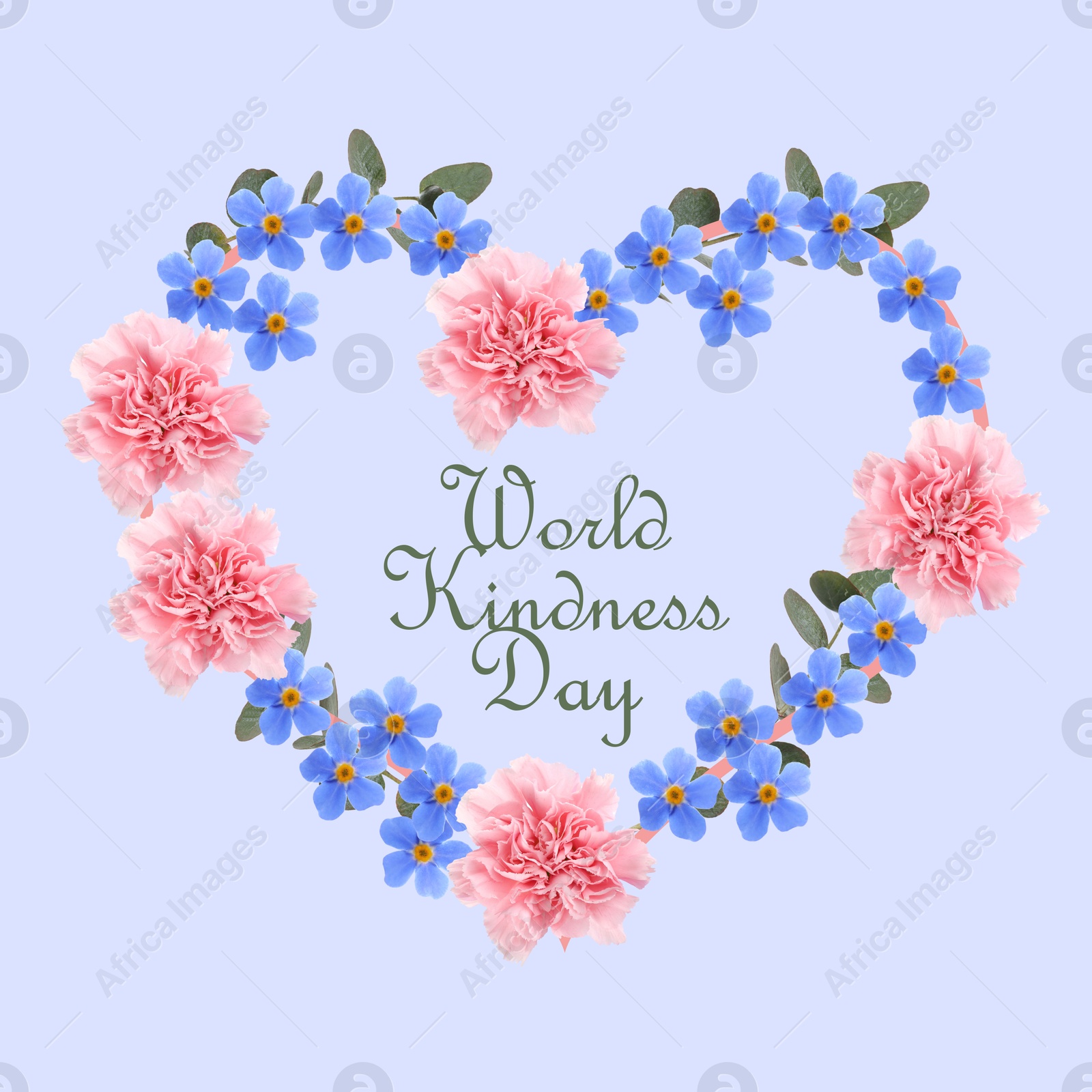 Image of World Kindness Day. Heart-shaped frame of beautiful flowers on light blue background