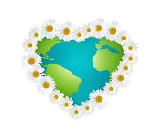 Image of Earth in shape of heart with flower outline on white background