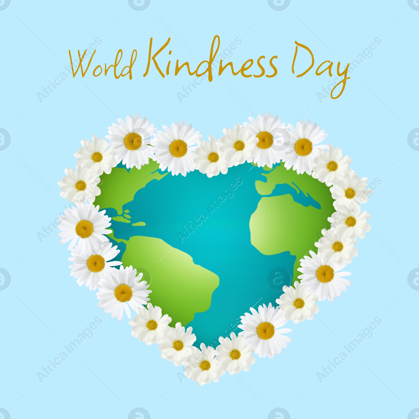 Image of World Kindness Day. Earth in shape of heart with flower outline on light blue background