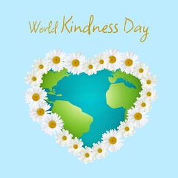 Image of World Kindness Day. Earth in shape of heart with flower outline on light blue background