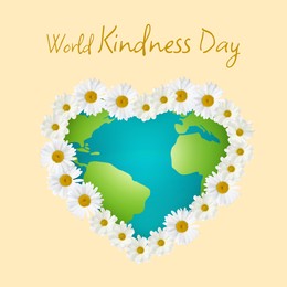 Image of World Kindness Day. Earth in shape of heart with flower outline on pastel orange background