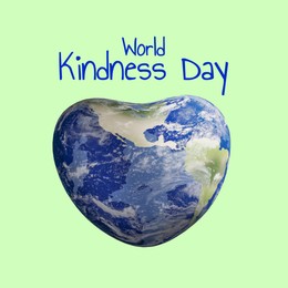 Image of World Kindness Day. Earth in shape of heart on light green background