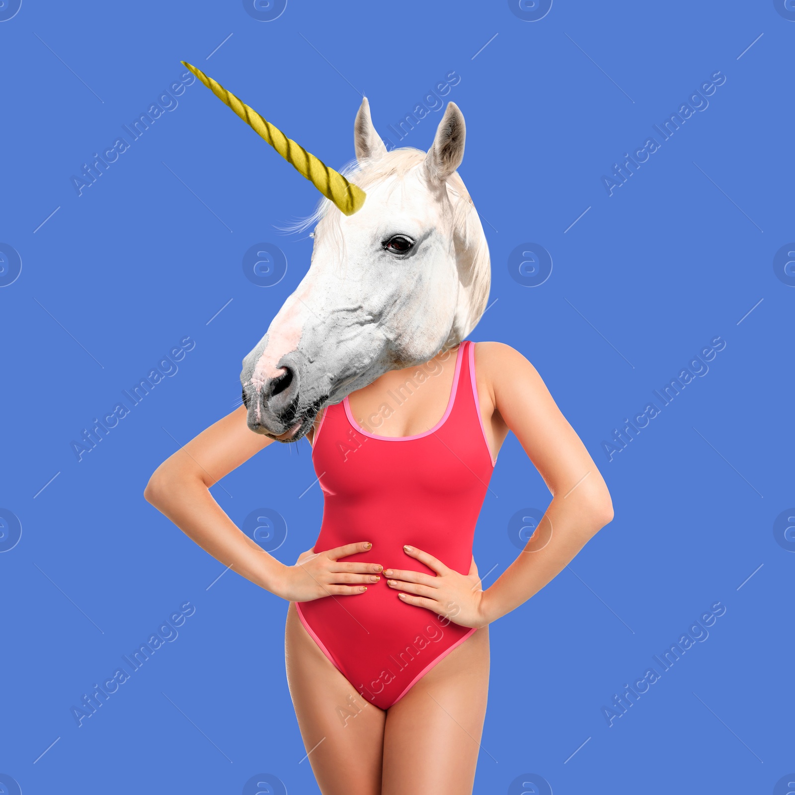 Image of Modern art collage. Woman with unicorn's head on pastel blue background