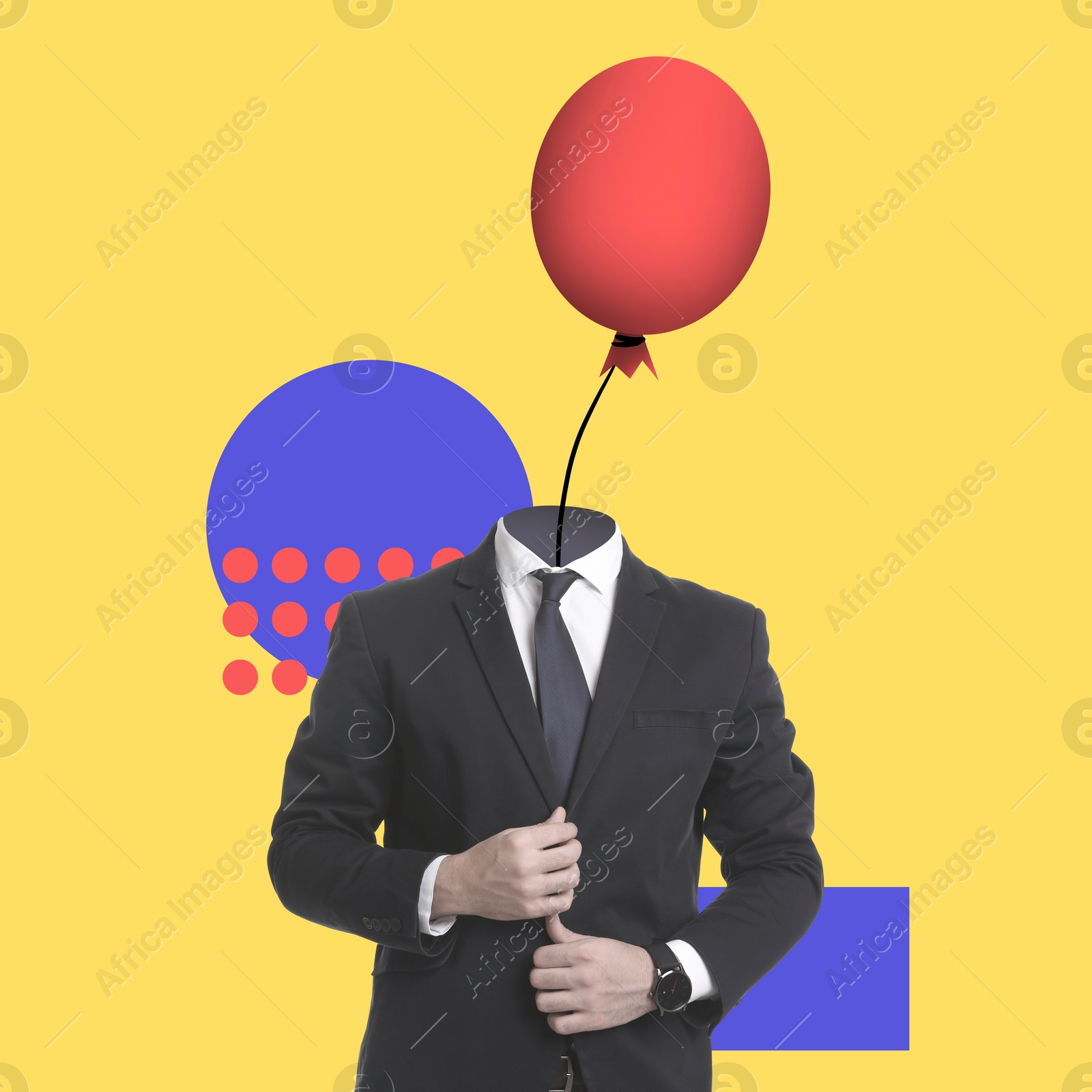 Image of Creative artwork. Man with balloon instead of head on yellow background