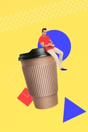 Image of Coffee to go. Man sitting on takeaway paper cup on yellow background, stylish artwork