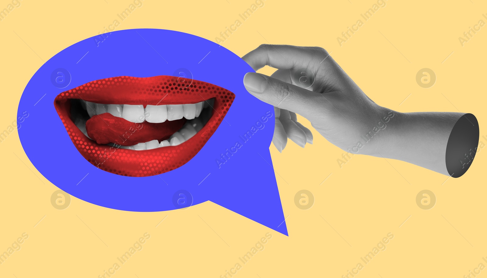 Image of Stylish art collage. Woman holding speech bubble with mouth showing tongue on yellow background, closeup. Banner design