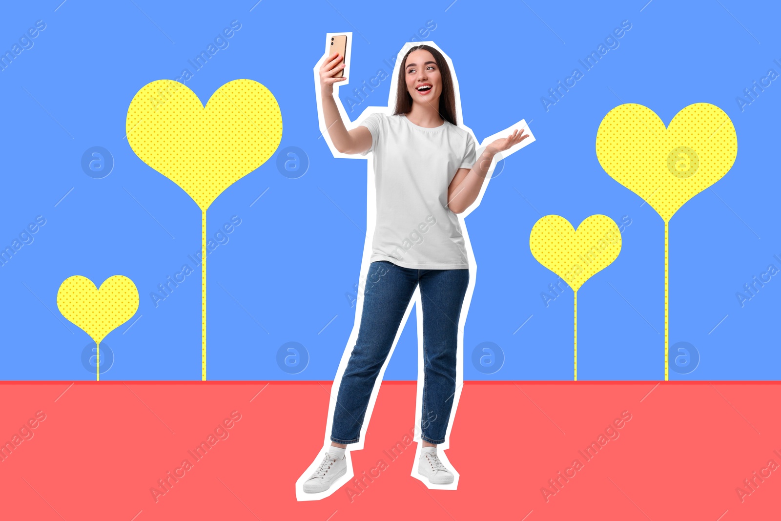 Image of Pop art poster. Beautiful young woman with having video chat via smartphone on blue background with hearts, pin up style