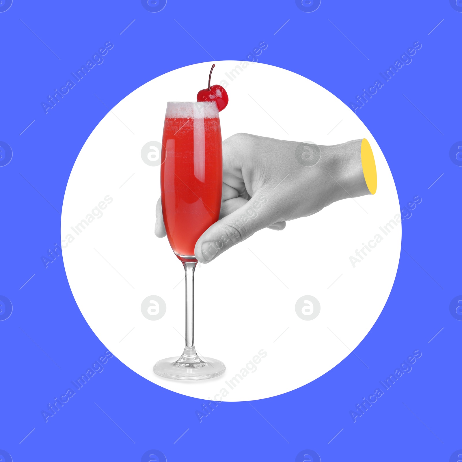 Image of Man holding cocktail in hand on blue background. Creative art design