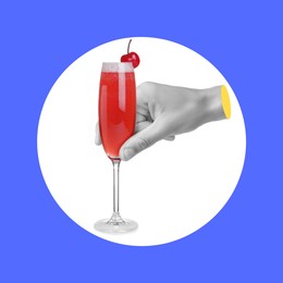 Image of Man holding cocktail in hand on blue background. Creative art design