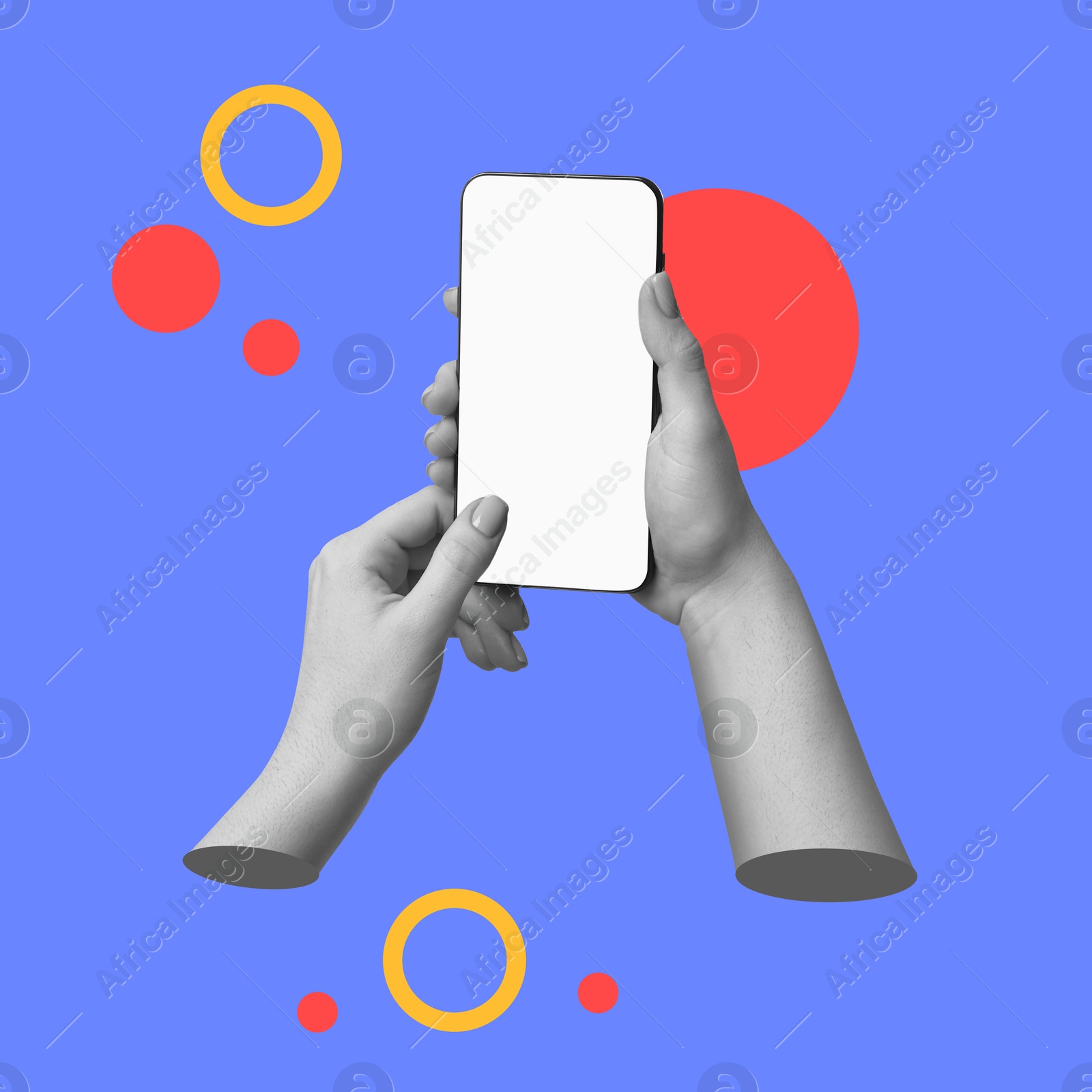 Image of Woman holding phone with empty screen in hands on blue background, closeup. Art collage