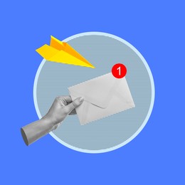 Image of Message, creative art collage. Hand with envelope and paper plane on blue background