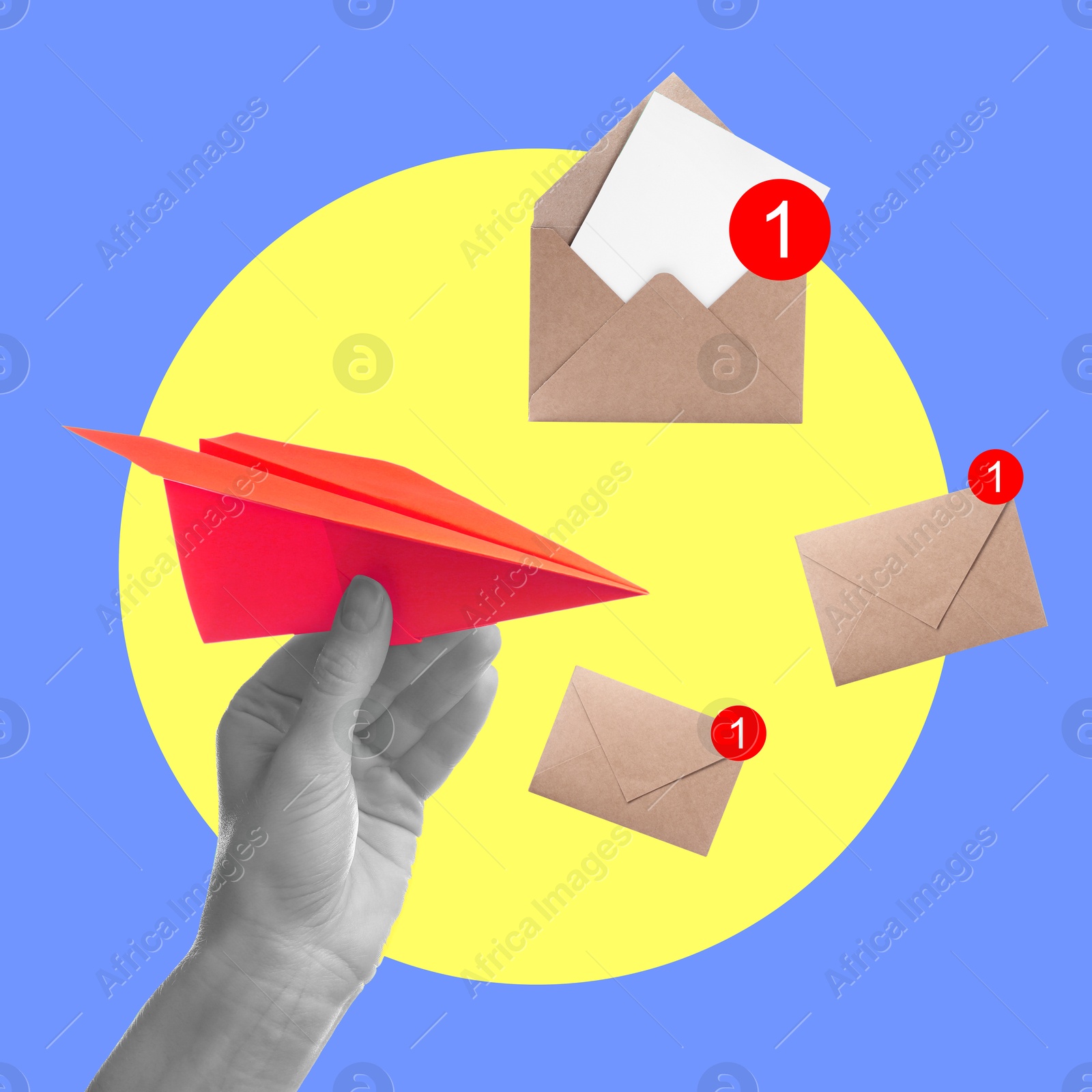 Image of Message, creative art collage. Hand with paper plane and envelopes on blue background