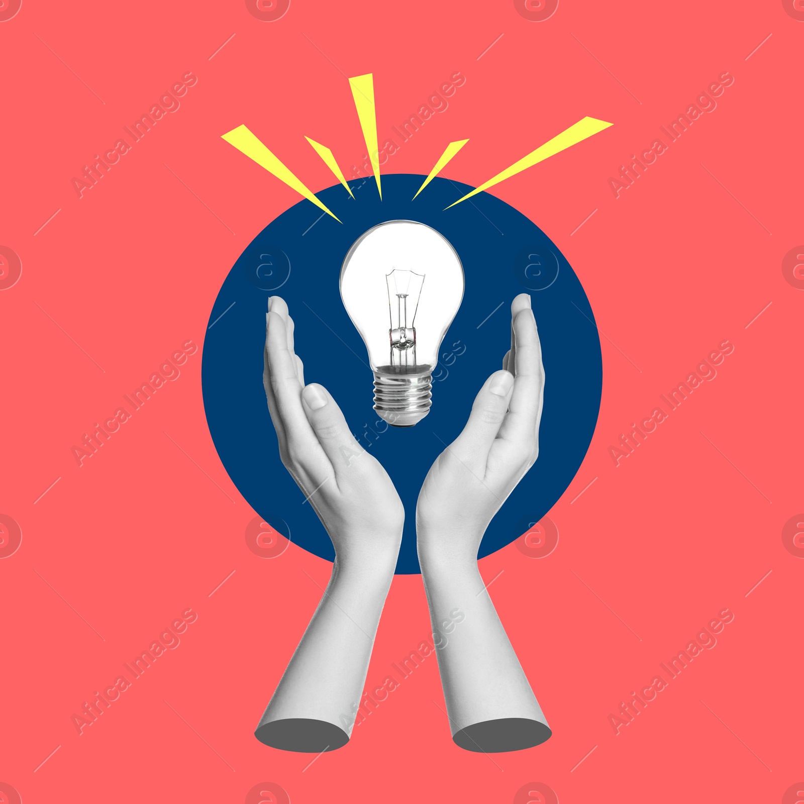 Image of Creative art collage with glowing light bulb and female hands on red background. Conceptual poster about idea and inspiration