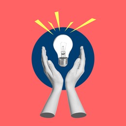 Image of Creative art collage with glowing light bulb and female hands on red background. Conceptual poster about idea and inspiration