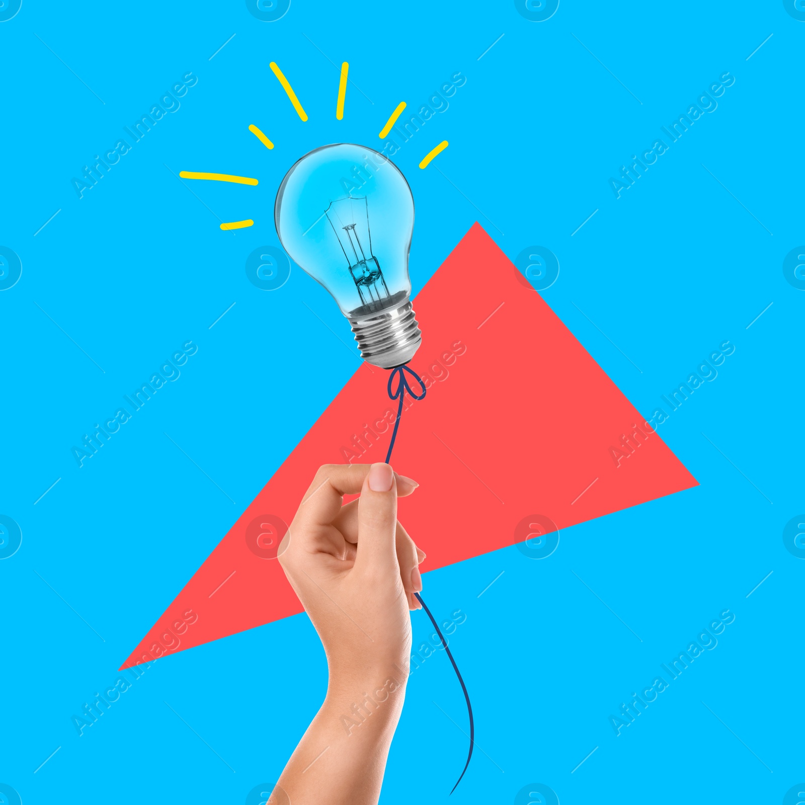 Image of Woman holding glowing light bulb as balloon on blue background, creative art collage. Conceptual poster about idea and inspiration